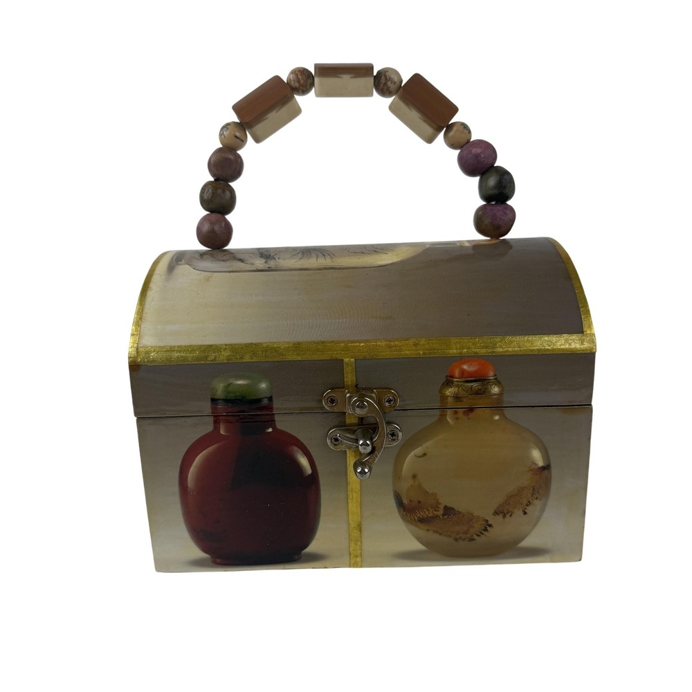 Beaded Handle Wooden Jewelry Trinket Box Asian Snuff Bottle Print Hinged Latch